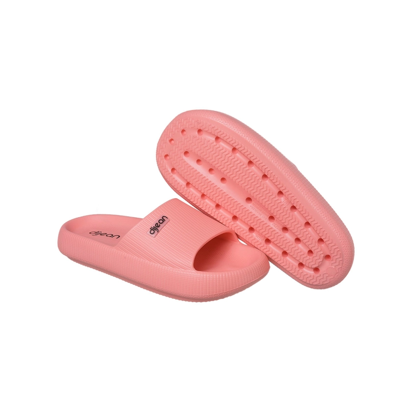 Na imagem, lindo chinelo slide Zen Dijean, na cor coral, solado extremamente macio feito todo em EVA.