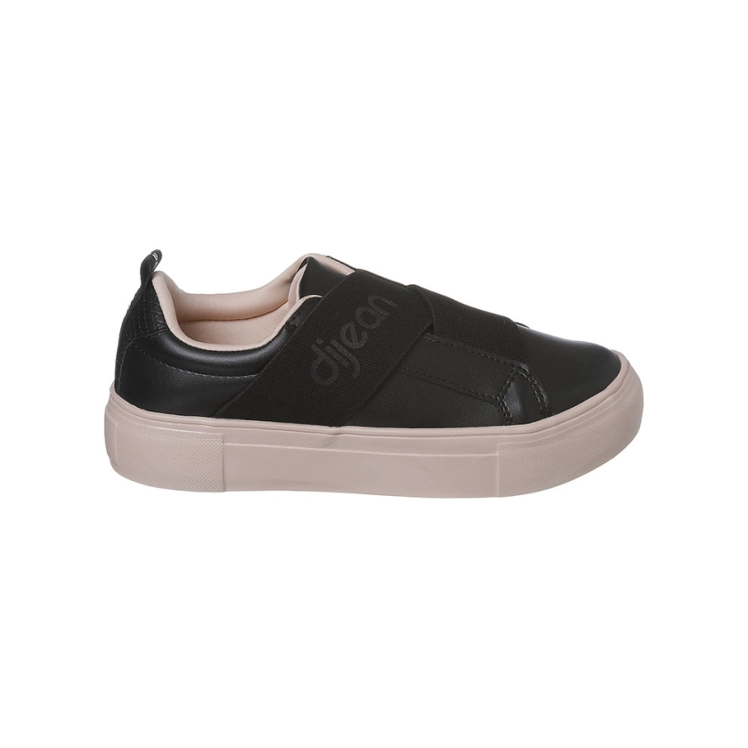 Na imagem temos um lindo tênis slip on feminino Dijean na cor preta, com detalhe em faixa elástica. 