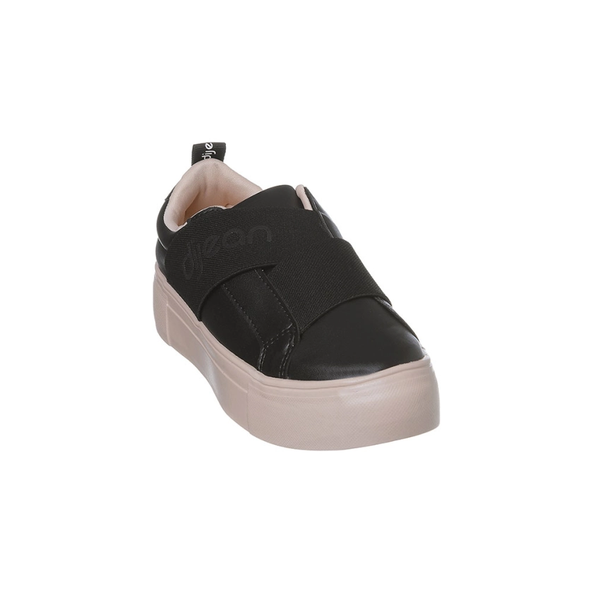 Na imagem temos um lindo tênis slip on feminino Dijean na cor preta, com detalhe em faixa elástica. 